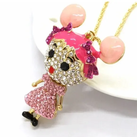 Adorable Pink Bling Cartoon Girl Crystal Pendant Necklace NWOT - Picture 3 of 4